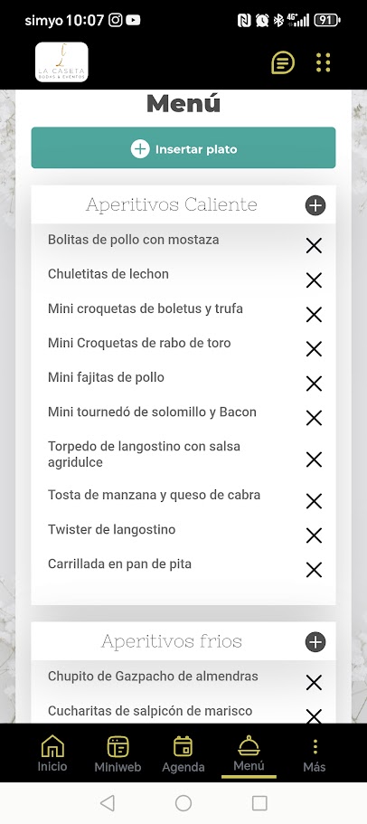 Gestión de menú personalizado en app de bodas Salón La Caseta