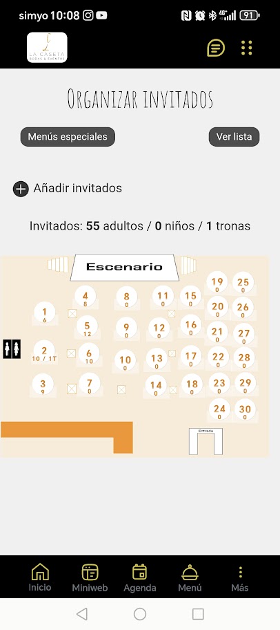 Organización de invitados y distribución de mesas para bodas en app Salón La Caseta
