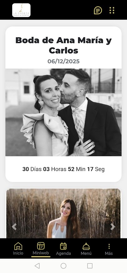 Pantalla principal de la app móvil de Salón La Caseta para gestión de eventos de boda en Montoro